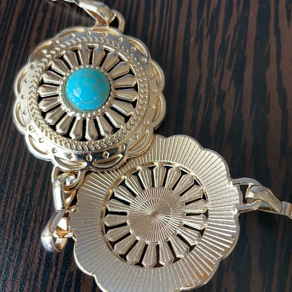 M/L Gold Tone/Faux Turquoise Metal Chain Belt - Picture 5 of 6